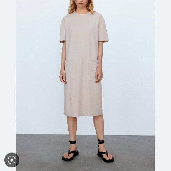 ZARA Oversized Taupe Short Sleeve Casual Midi Tunic Dress US L - Picture 1 of 8